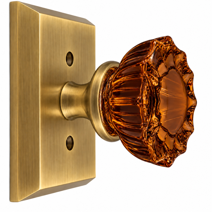 Magnifique® Rectangular Door Set with Amber Glass Fluted Knobs (Several Finishes Available)
