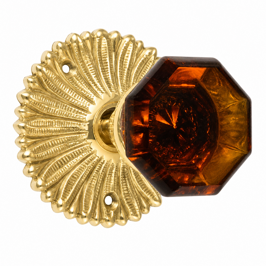 French Provincial Rosette Door Set with Amber Glass Octagon Door Knobs (Several Finishes Available)