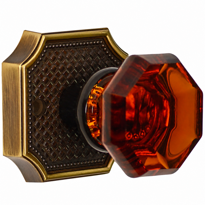 Basket Weave Rosette Door Set with Octagon Amber Glass Door Knobs (Several Finishes Available)