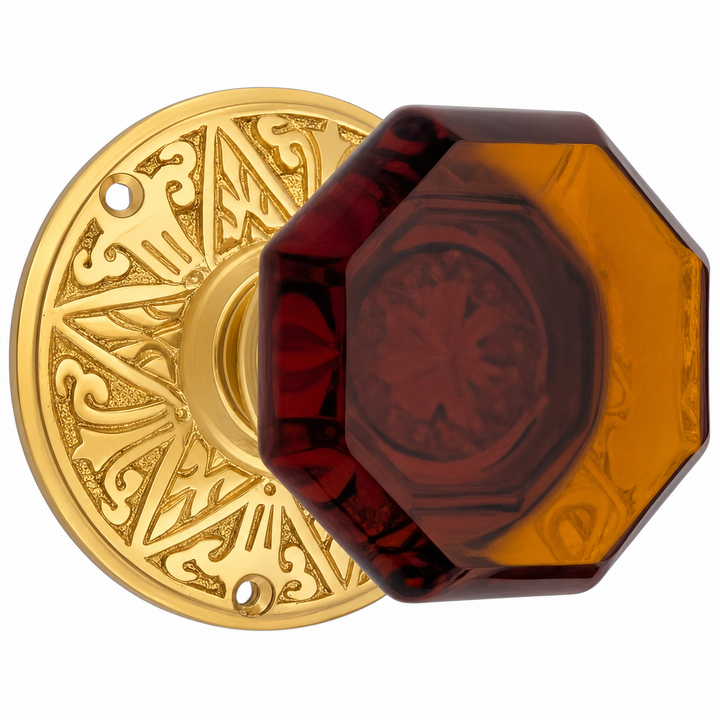 Eastlake Rosette Door Set with Octagon Amber Glass Door Knobs (Several Finishes Available)