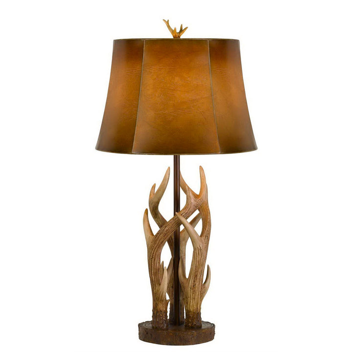 ##Antique Hardware## 150W 3 WAY DARBY ANTLER RESIN TABLE LAMP WITH LEATHRETTE SHADE