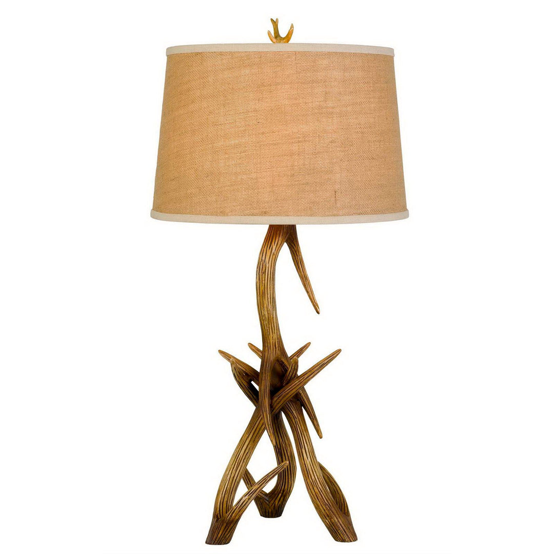 ##Antique Hardware## 150W 3 WAY DRUMMOND ANTLER RESIN TABLE LAMP WITH BURLAP SHADE