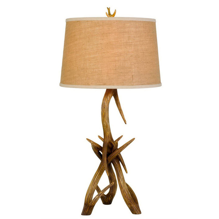 ##Antique Hardware## 150W 3 WAY DRUMMOND ANTLER RESIN TABLE LAMP WITH BURLAP SHADE