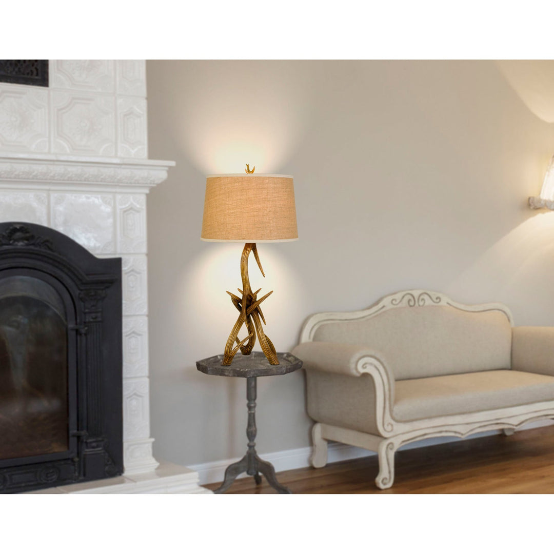 ##Antique Hardware## 150W 3 WAY DRUMMOND ANTLER RESIN TABLE LAMP WITH BURLAP SHADE