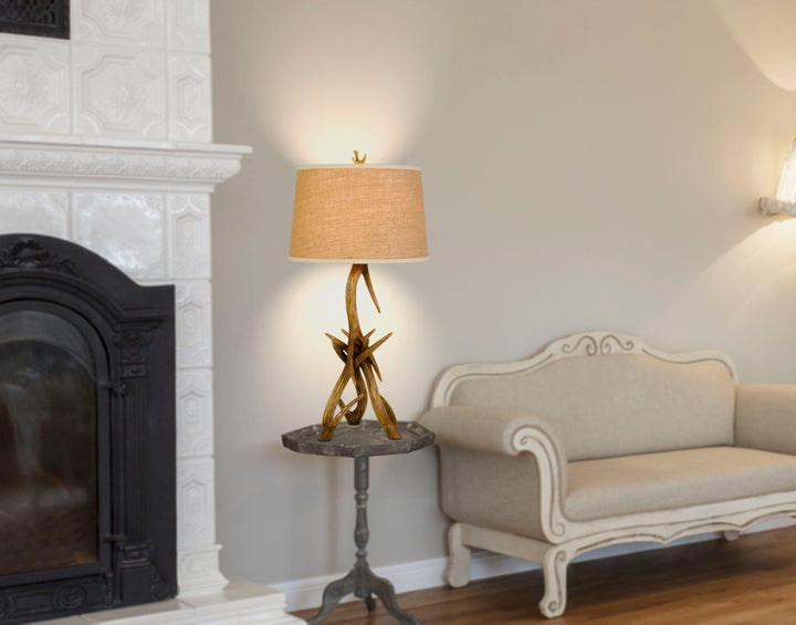 ##Antique Hardware## 150W 3 WAY DRUMMOND ANTLER RESIN TABLE LAMP WITH BURLAP SHADE