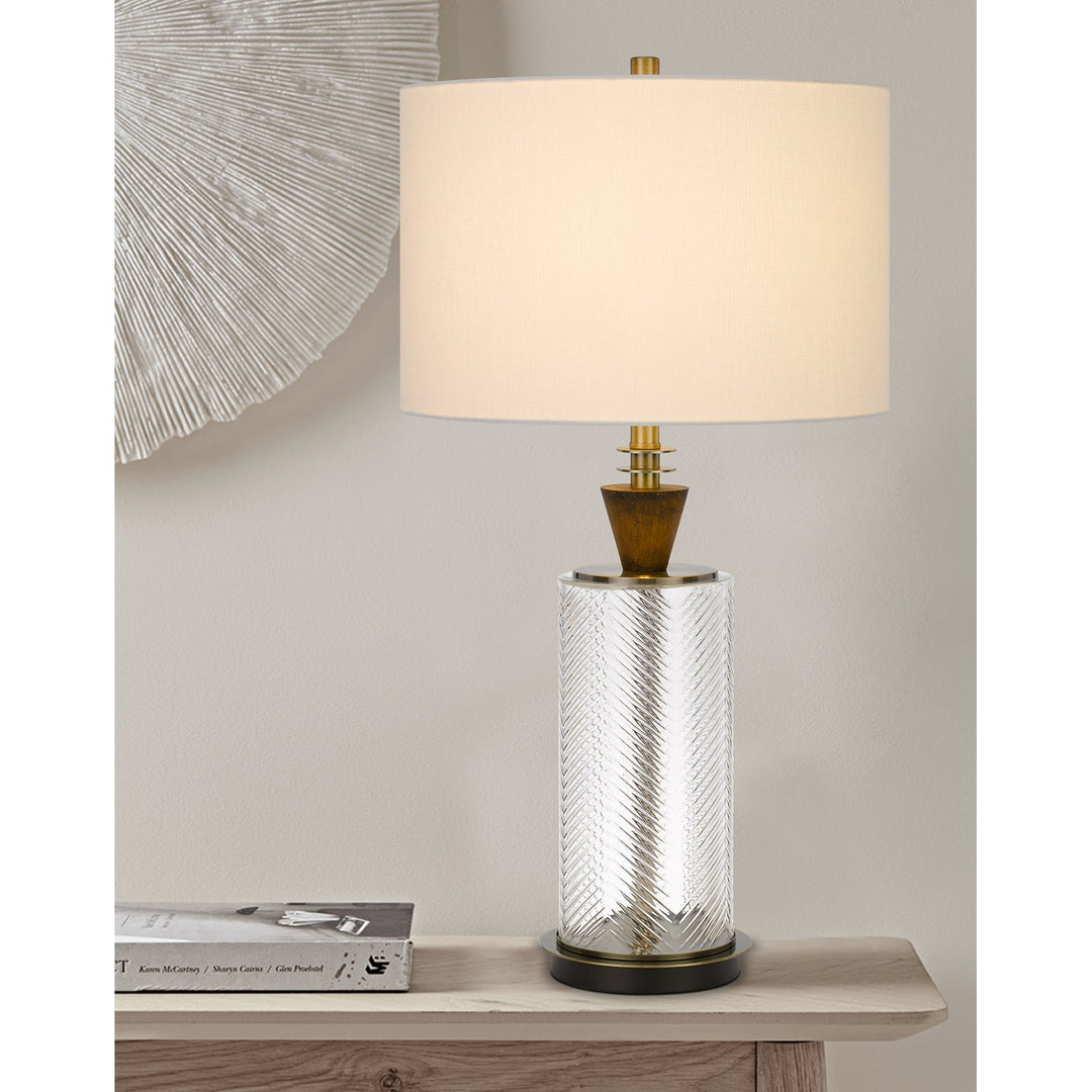 ##Antique Hardware## 150W 3 WAY SHERWOOD GLASS TABLE LAMP WITH WOOD FONT AND HARDBACK FABRIC DRUM SHADE
