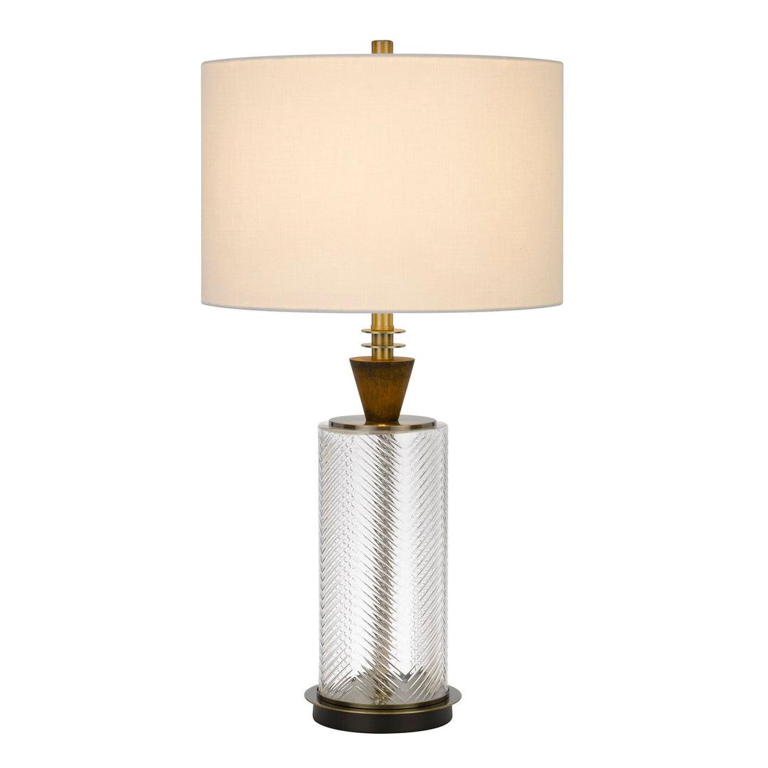 ##Antique Hardware## 150W 3 WAY SHERWOOD GLASS TABLE LAMP WITH WOOD FONT AND HARDBACK FABRIC DRUM SHADE