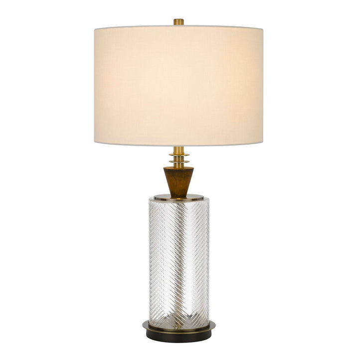 ##Antique Hardware## 150W 3 WAY SHERWOOD GLASS TABLE LAMP WITH WOOD FONT AND HARDBACK FABRIC DRUM SHADE