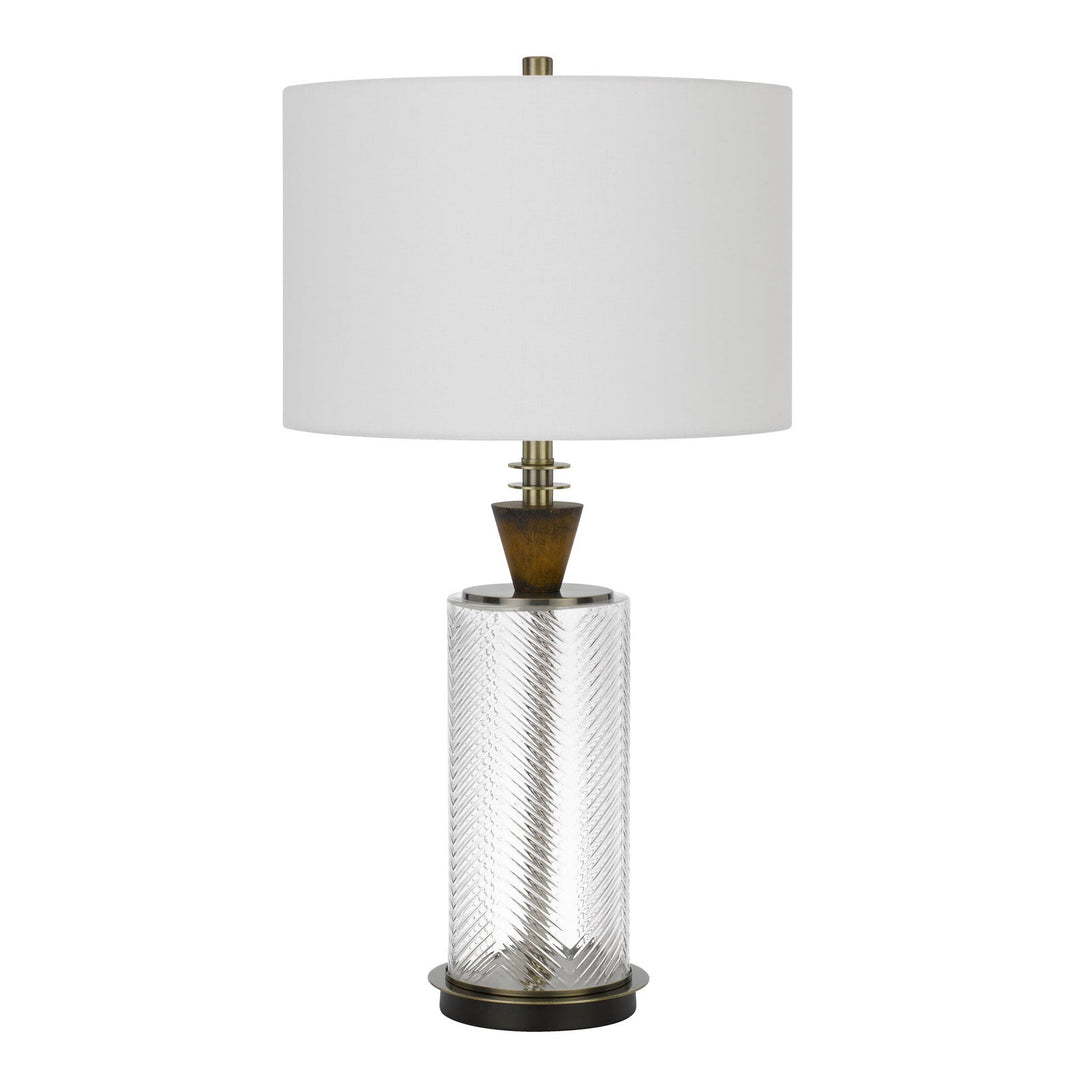 ##Antique Hardware## 150W 3 WAY SHERWOOD GLASS TABLE LAMP WITH WOOD FONT AND HARDBACK FABRIC DRUM SHADE