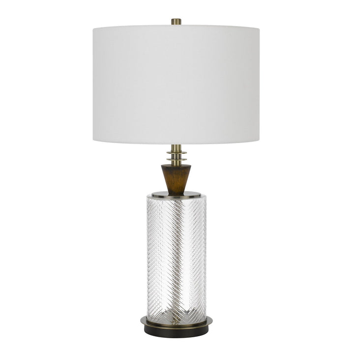 ##Antique Hardware## 150W 3 WAY SHERWOOD GLASS TABLE LAMP WITH WOOD FONT AND HARDBACK FABRIC DRUM SHADE