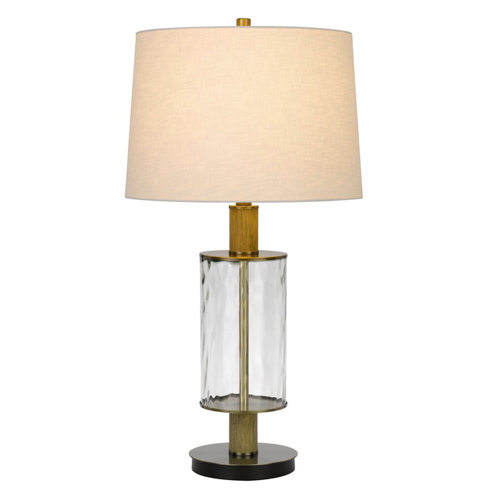 Antique Hardware 150W 3 WAY MORRILTON GLASS TABLE LAMP WITH WOOD POLE AND HARDBACK TAPER DRUM FABRIC SHADE Table Lamp
