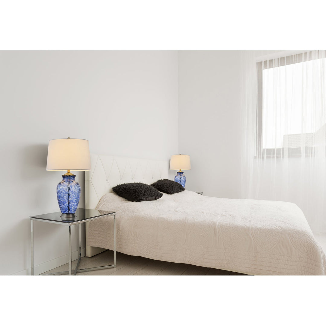 ##Antique Hardware## 150W 3 WAY ASHLAND GLASS TABLE LAMP WITH HARDBACK TAPER DRUM FABRIC SHADE