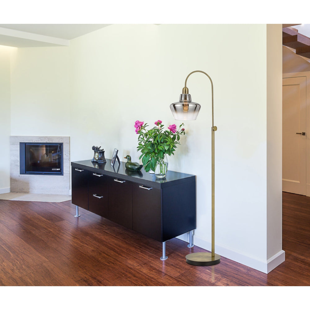 ##Antique Hardware## 40W DUXBURY METAL ARC FLOOR LAMP WITH ELECTORAL PLATED SMOKED GLASS SHADE