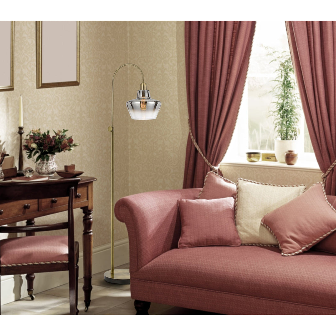 ##Antique Hardware## 40W DUXBURY METAL ARC FLOOR LAMP WITH ELECTORAL PLATED SMOKED GLASS SHADE