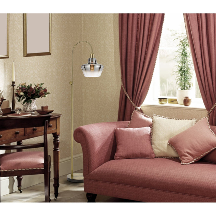 ##Antique Hardware## 40W DUXBURY METAL ARC FLOOR LAMP WITH ELECTORAL PLATED SMOKED GLASS SHADE