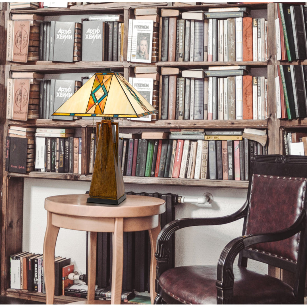 ##Antique Hardware## 60W X 2 TIFFANY TABLE LAMP WITH PULL CHAIN SWITCH WITH RESIN LAMP BODY