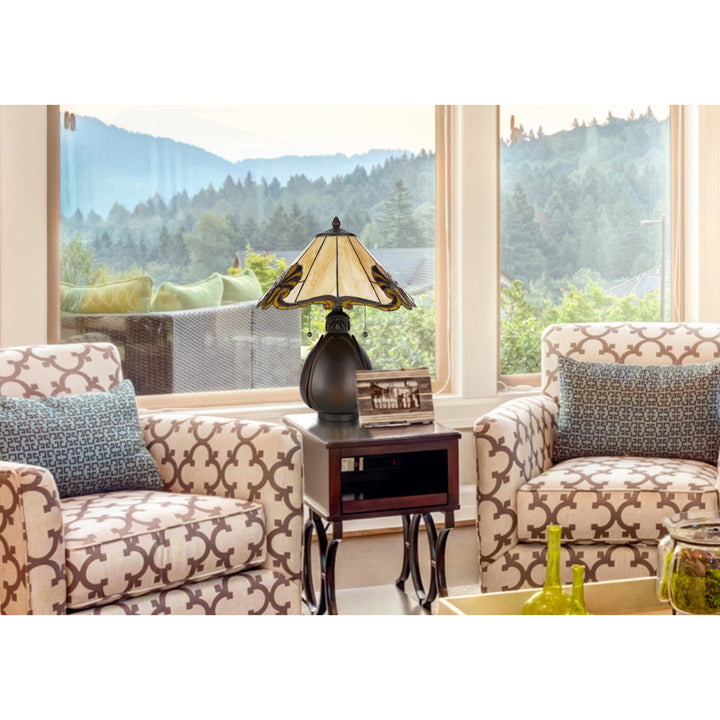 ##Antique Hardware## 60W X 2 TIFFANY TABLE LAMP WITH PULL CHAIN SWITCH WITH RESIN LAMP BODY