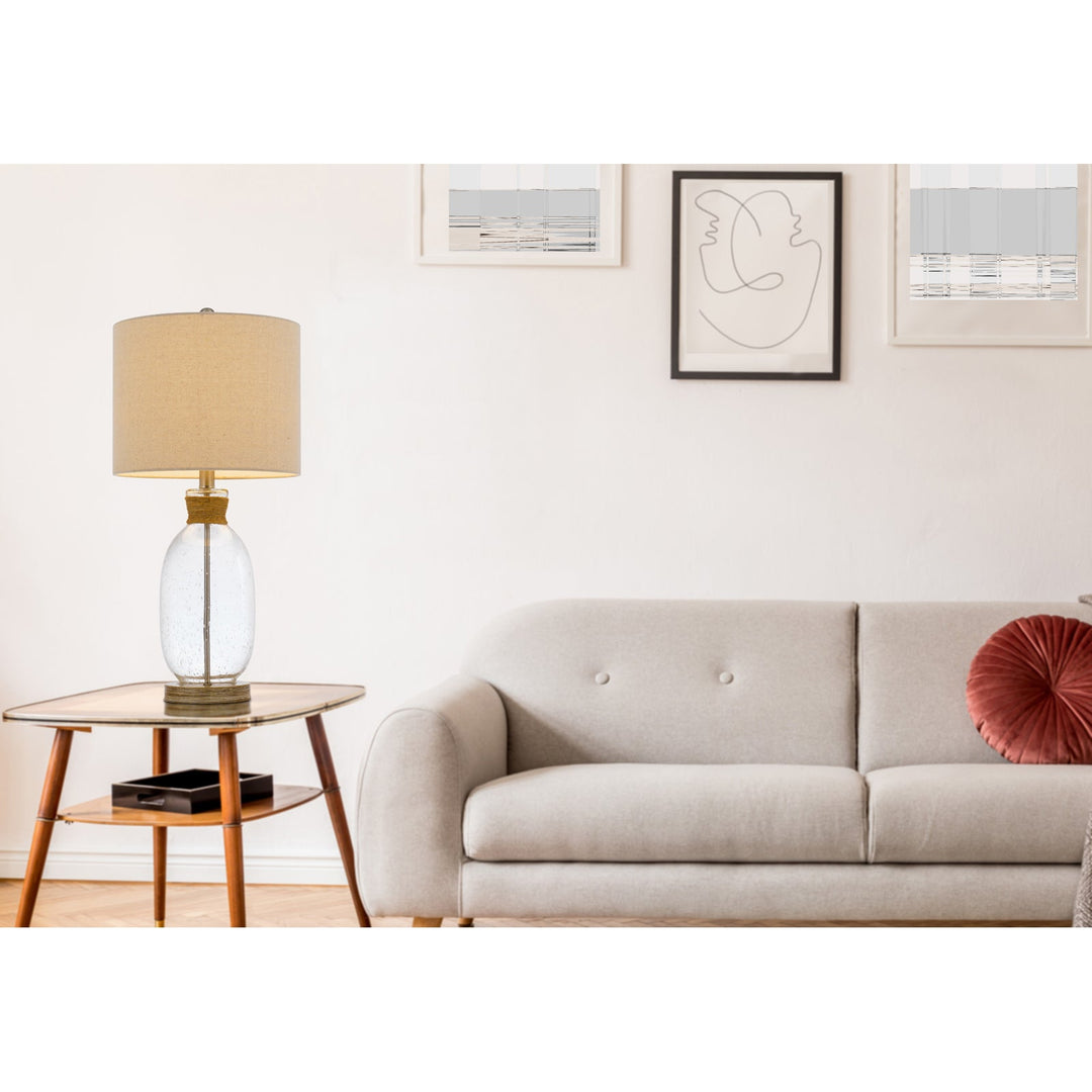 ##Antique Hardware## 150W 3 WAY SEYMOUR BUBBLED GLASS TABLE LAMP WITH RESIN BASE AND HARDBACK DRUM LINEN SHADE