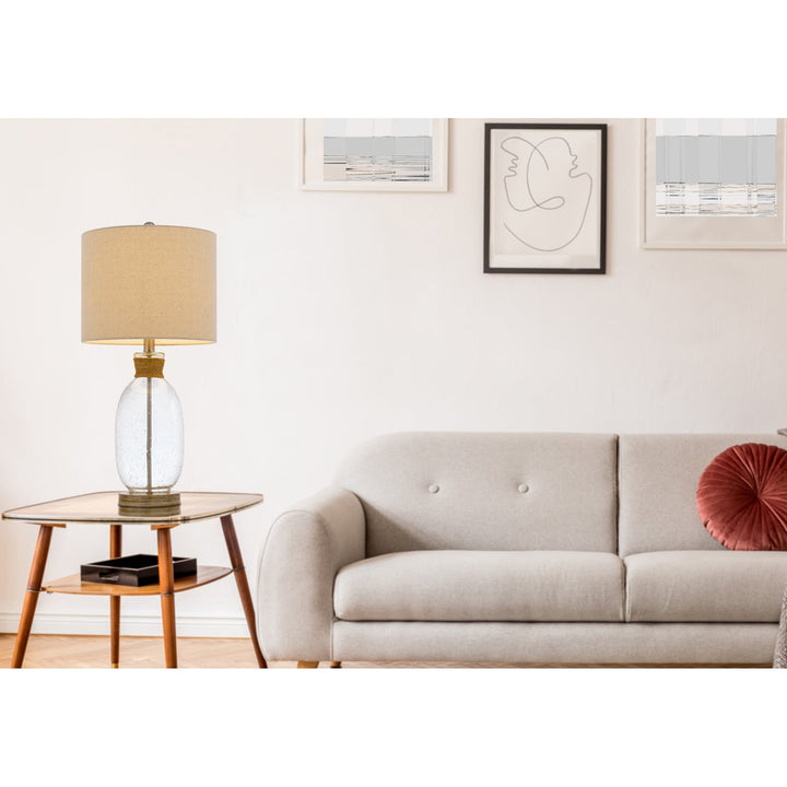 ##Antique Hardware## 150W 3 WAY SEYMOUR BUBBLED GLASS TABLE LAMP WITH RESIN BASE AND HARDBACK DRUM LINEN SHADE