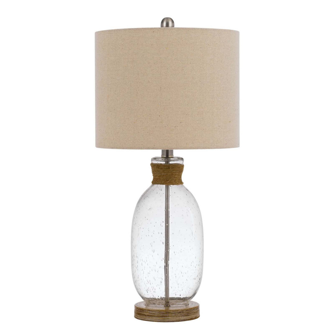 ##Antique Hardware## 150W 3 WAY SEYMOUR BUBBLED GLASS TABLE LAMP WITH RESIN BASE AND HARDBACK DRUM LINEN SHADE