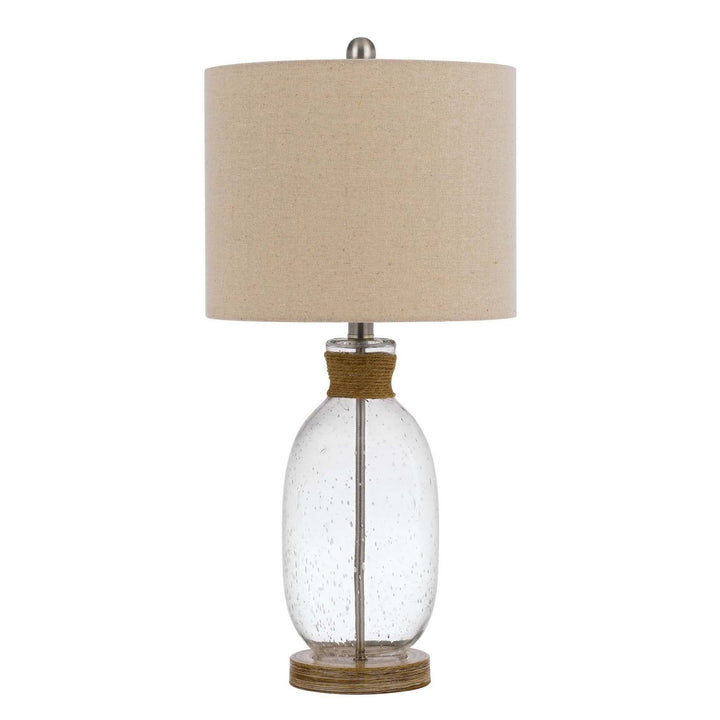 ##Antique Hardware## 150W 3 WAY SEYMOUR BUBBLED GLASS TABLE LAMP WITH RESIN BASE AND HARDBACK DRUM LINEN SHADE