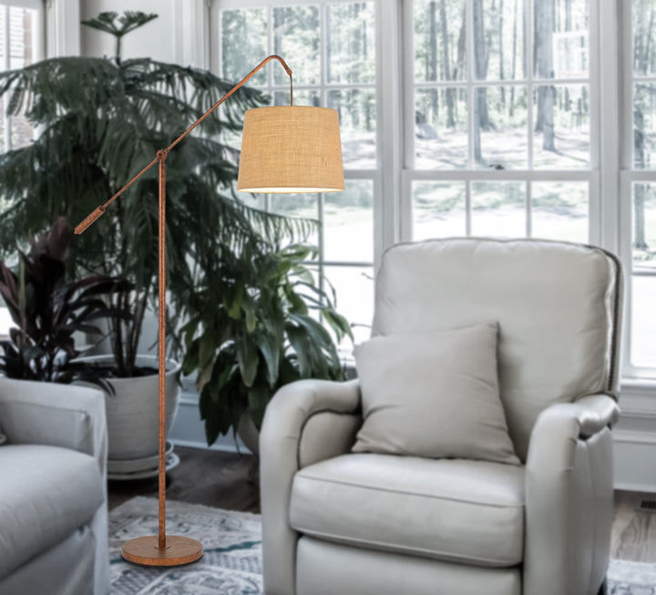 ##Antique Hardware## FISHING ROD ADJUSTABLE METAL FLOOR LAMP WITH BURLAP SHADE