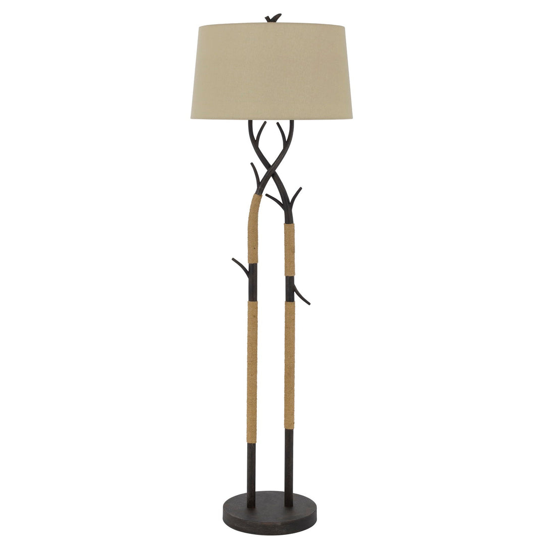 ##Antique Hardware## PECOS METAL TREE BRANCH FLOOR LAMP WITH WRAPPED ROPES , LINEN SHADE