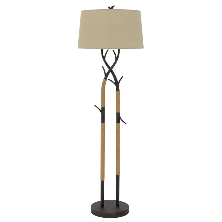 ##Antique Hardware## PECOS METAL TREE BRANCH FLOOR LAMP WITH WRAPPED ROPES , LINEN SHADE