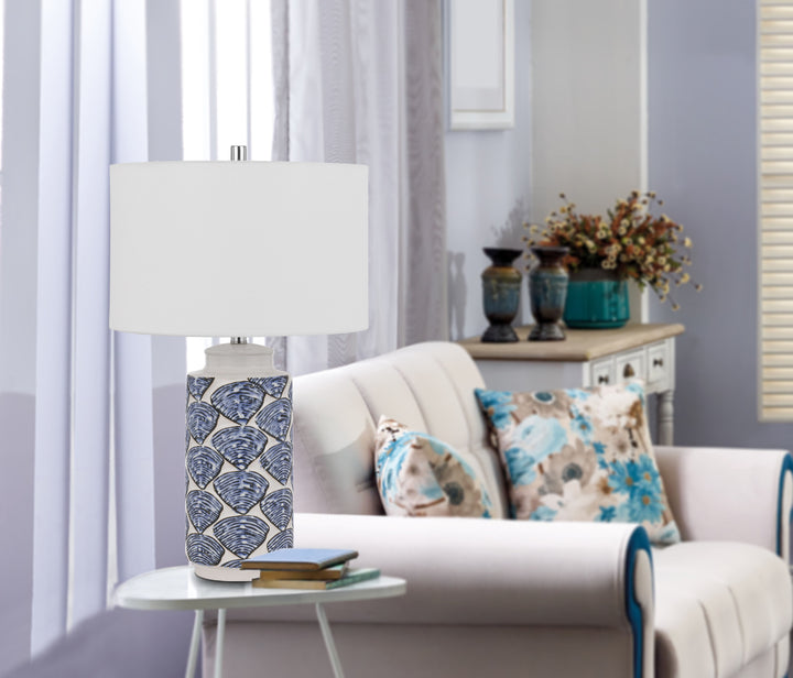 ##Antique Hardware## CAMBIAGO CERAMIC TABLE LAMP WITH SEASHELL DESIGN AND LINEN DRUM SHADE