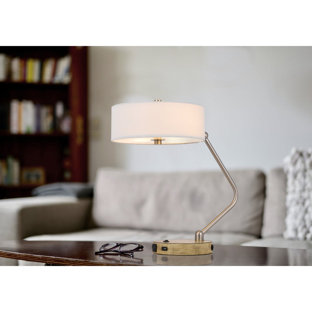 Antique Hardware 60W X 2 MARCOS METAL DESK LAMP WITH DRUM FABRIC SHADE AND 1 USB AND 1 TYPE C USB CHARGING PORT WITH RUBBER WOOD BASE Table Lamp