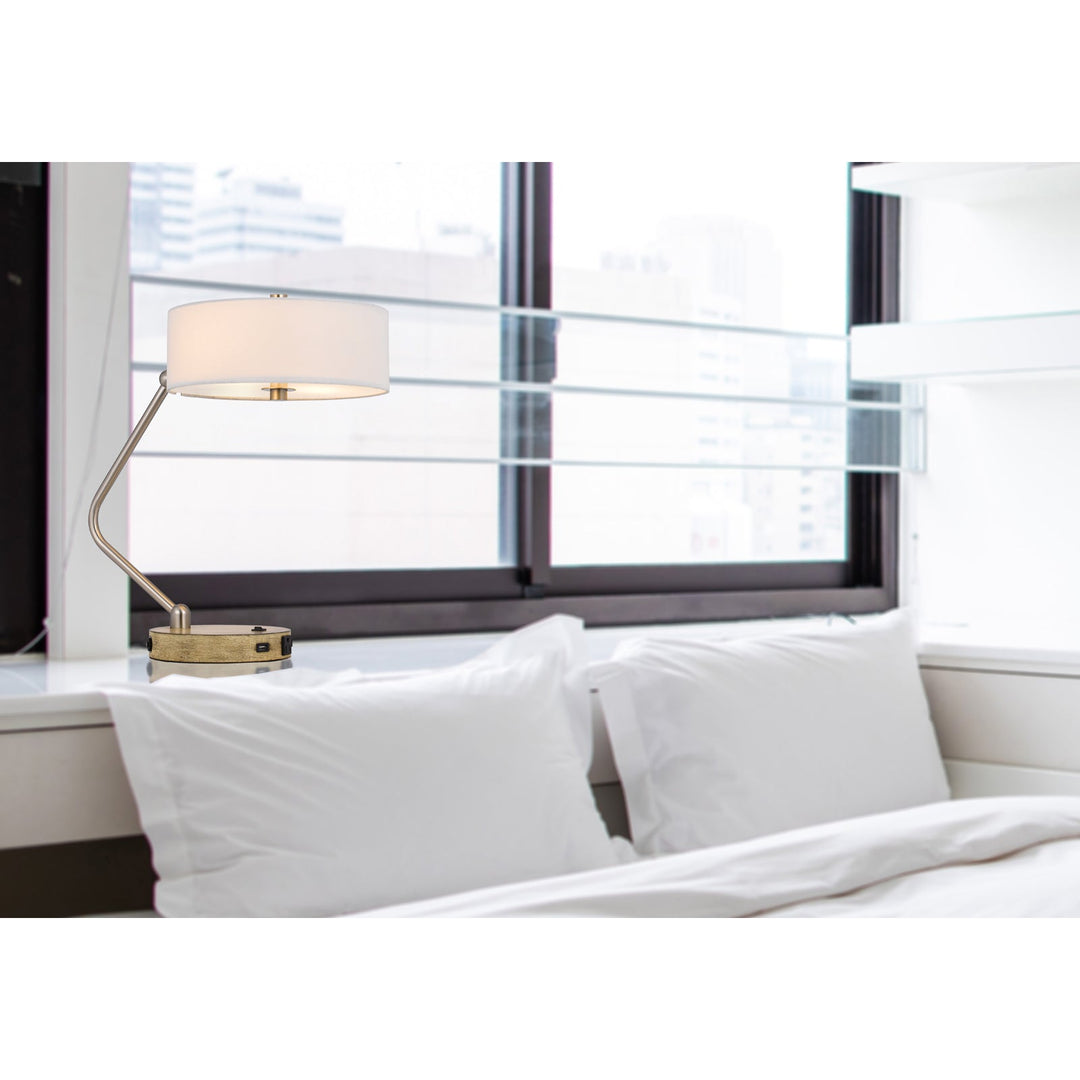 Antique Hardware 60W X 2 MARCOS METAL DESK LAMP WITH DRUM FABRIC SHADE AND 1 USB AND 1 TYPE C USB CHARGING PORT WITH RUBBER WOOD BASE Table Lamp