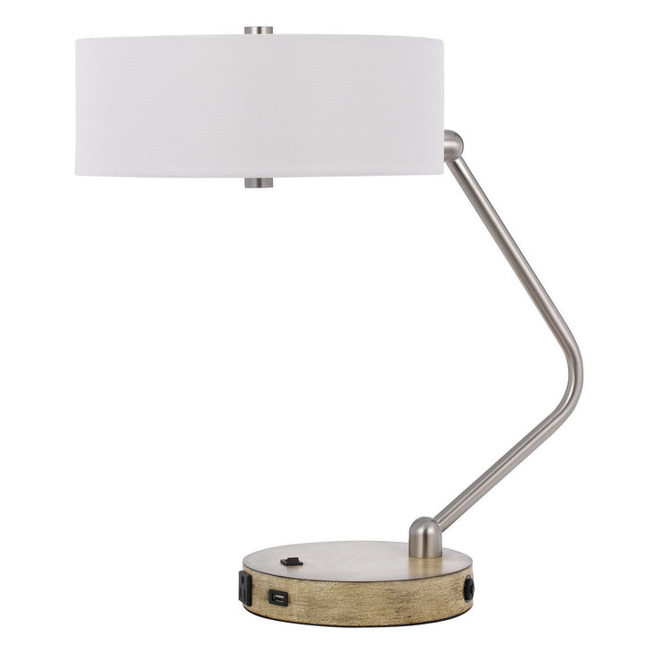 Antique Hardware 60W X 2 MARCOS METAL DESK LAMP WITH DRUM FABRIC SHADE AND 1 USB AND 1 TYPE C USB CHARGING PORT WITH RUBBER WOOD BASE Table Lamp