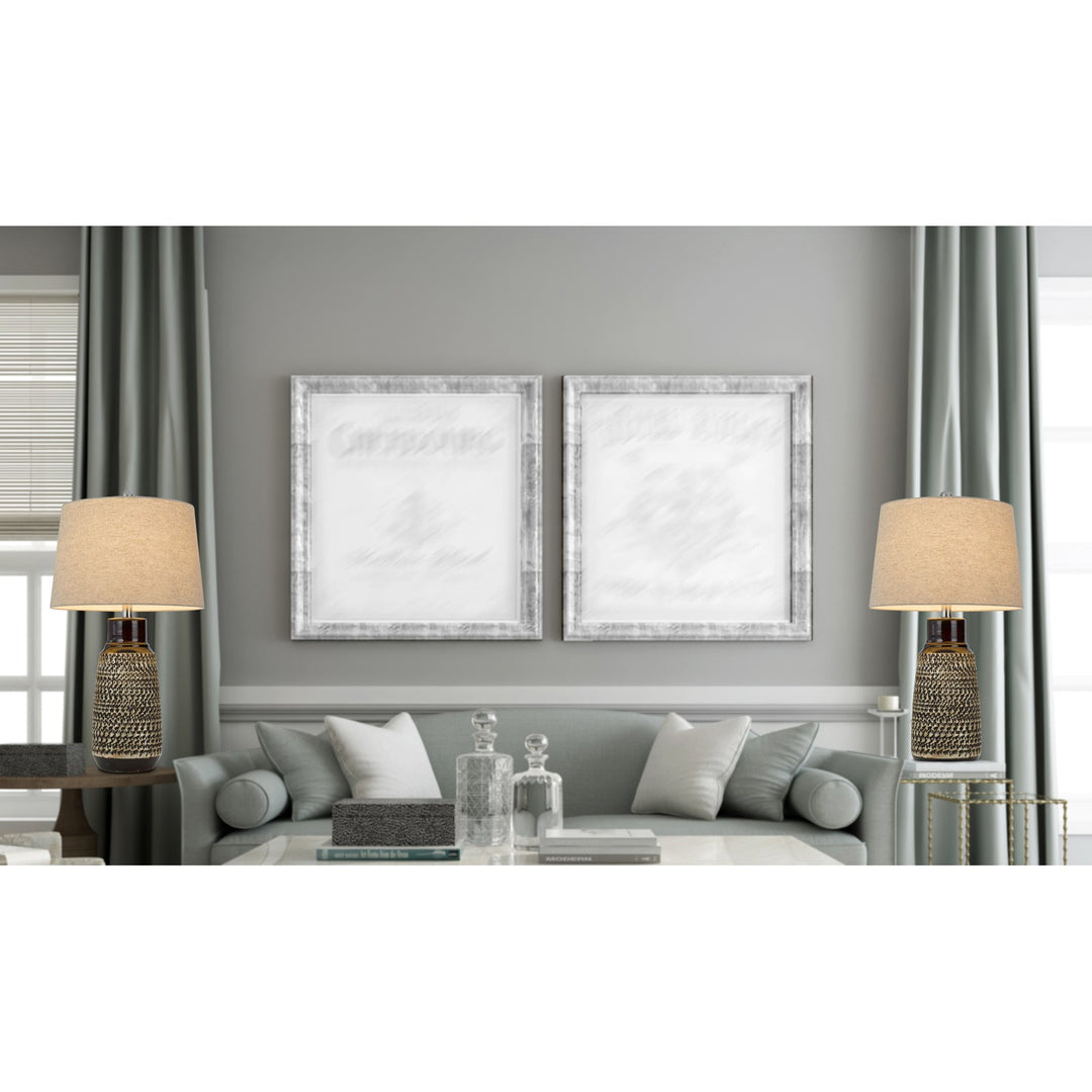 ##Antique Hardware## 150W 3 WAY SCOTTSBORO CERAMIC TABLE LAMP AND HARDBACK TAPER DRUM SOFT BURLAP SHADE (SOLD AS PAIRS)