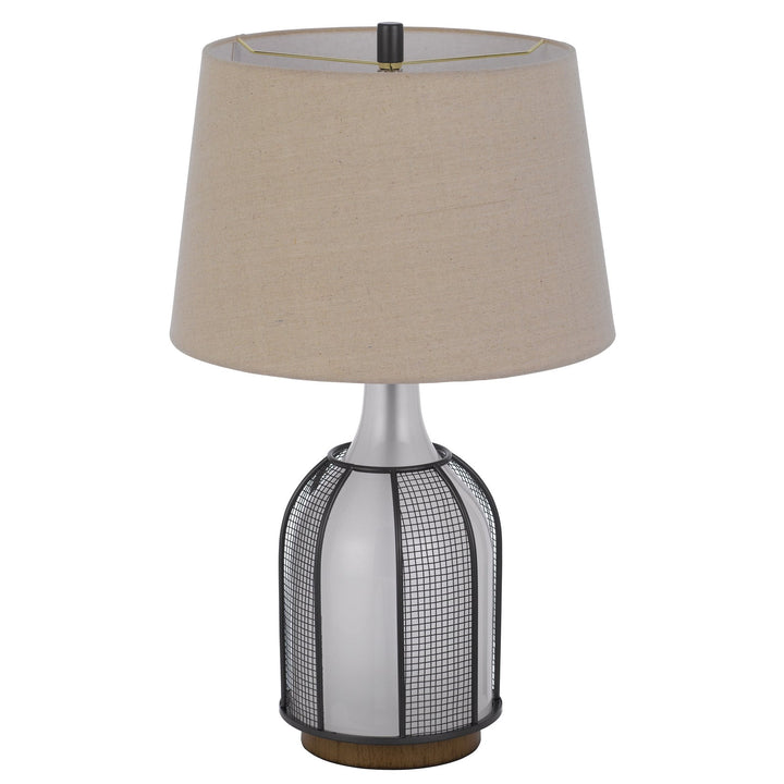 ##Antique Hardware## 100W MORGAN GLASS TABLE LAMP WITH A 2W LED NIGHT LIGHT, MESH GUARD DESIGN AND TAPER DRUM LINEN SHADE