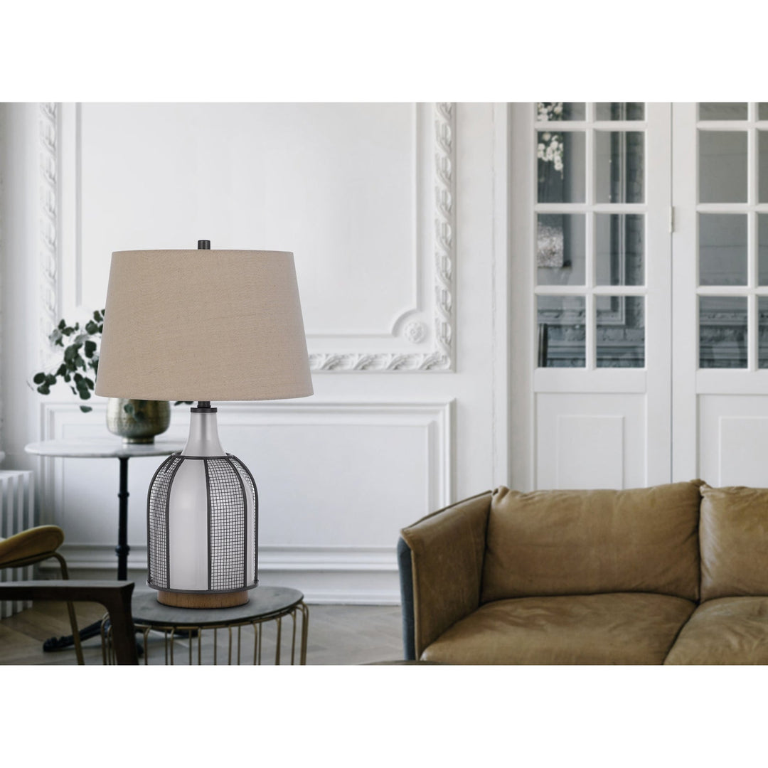 ##Antique Hardware## 100W MORGAN GLASS TABLE LAMP WITH A 2W LED NIGHT LIGHT, MESH GUARD DESIGN AND TAPER DRUM LINEN SHADE