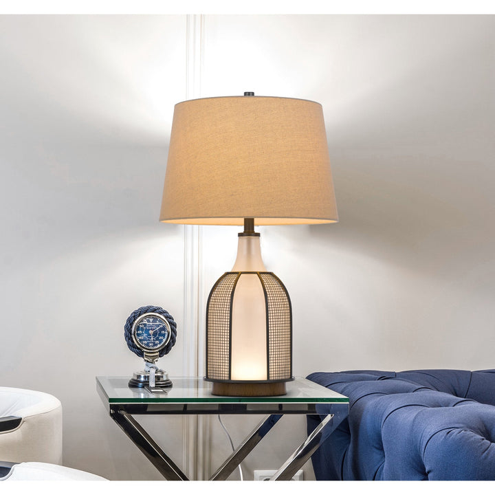 ##Antique Hardware## 100W MORGAN GLASS TABLE LAMP WITH A 2W LED NIGHT LIGHT, MESH GUARD DESIGN AND TAPER DRUM LINEN SHADE