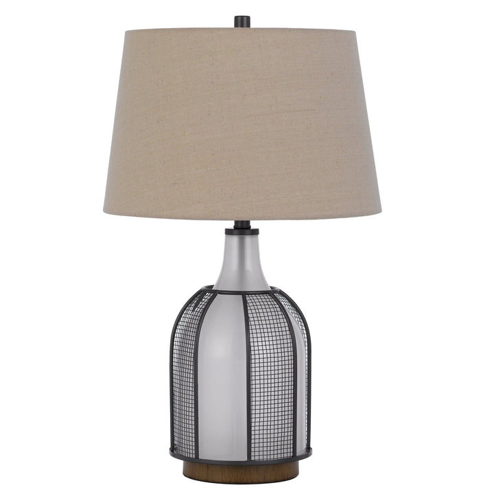 ##Antique Hardware## 100W MORGAN GLASS TABLE LAMP WITH A 2W LED NIGHT LIGHT, MESH GUARD DESIGN AND TAPER DRUM LINEN SHADE