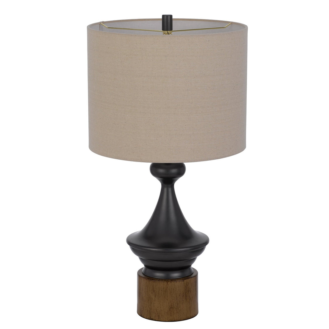 ##Antique Hardware## 150W 3 WAY STERLING METAL/TABLE LAMP WITH FAUX WOOD METAL BASE AND DRUM LINEN SHADE