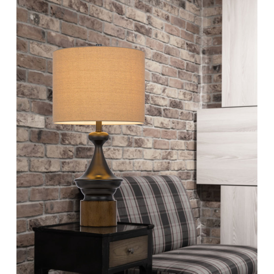##Antique Hardware## 150W 3 WAY STERLING METAL/TABLE LAMP WITH FAUX WOOD METAL BASE AND DRUM LINEN SHADE
