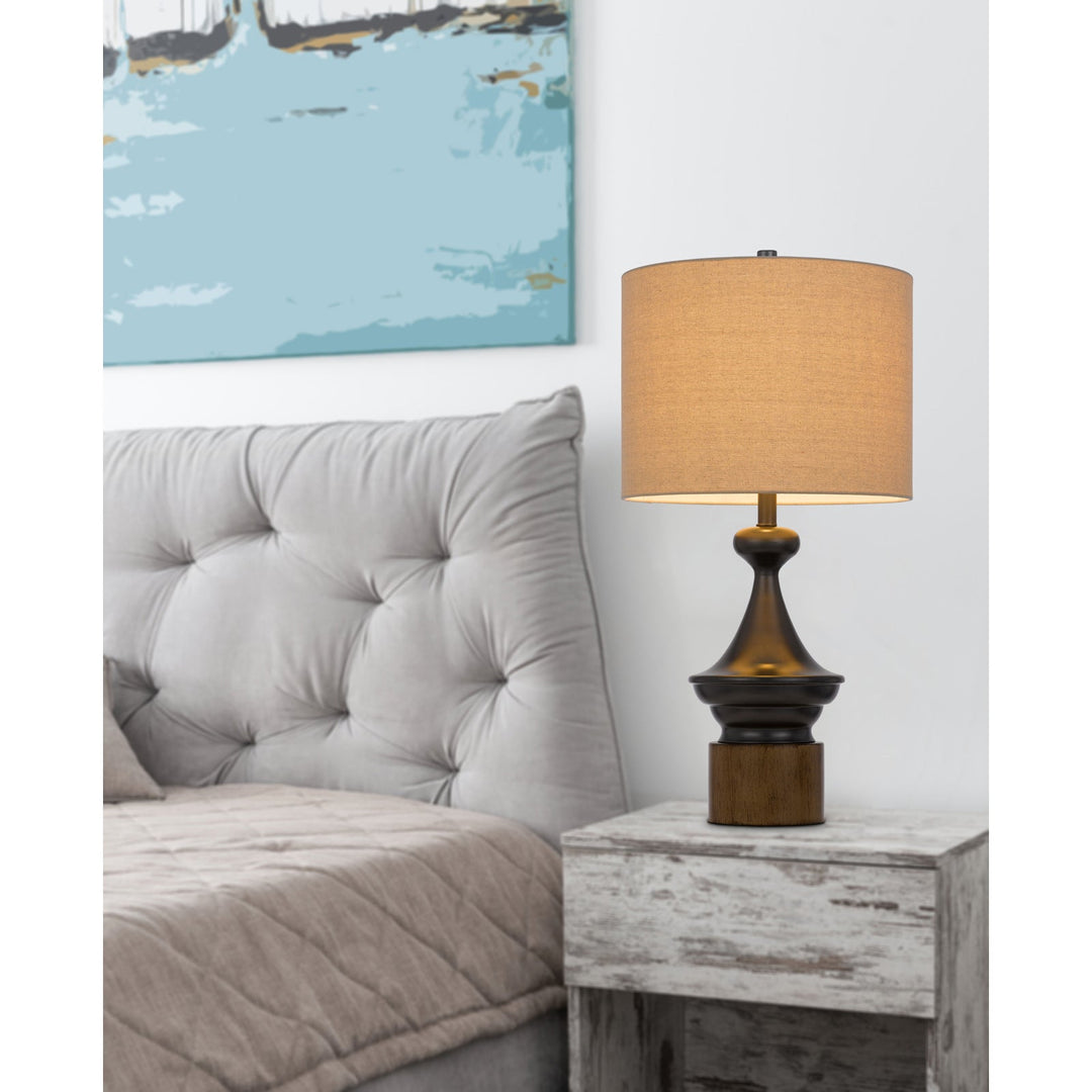 ##Antique Hardware## 150W 3 WAY STERLING METAL/TABLE LAMP WITH FAUX WOOD METAL BASE AND DRUM LINEN SHADE