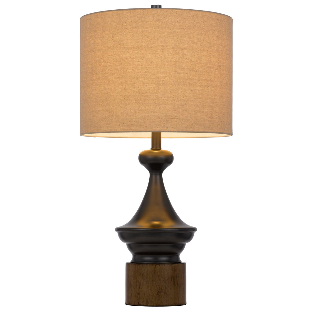 ##Antique Hardware## 150W 3 WAY STERLING METAL/TABLE LAMP WITH FAUX WOOD METAL BASE AND DRUM LINEN SHADE