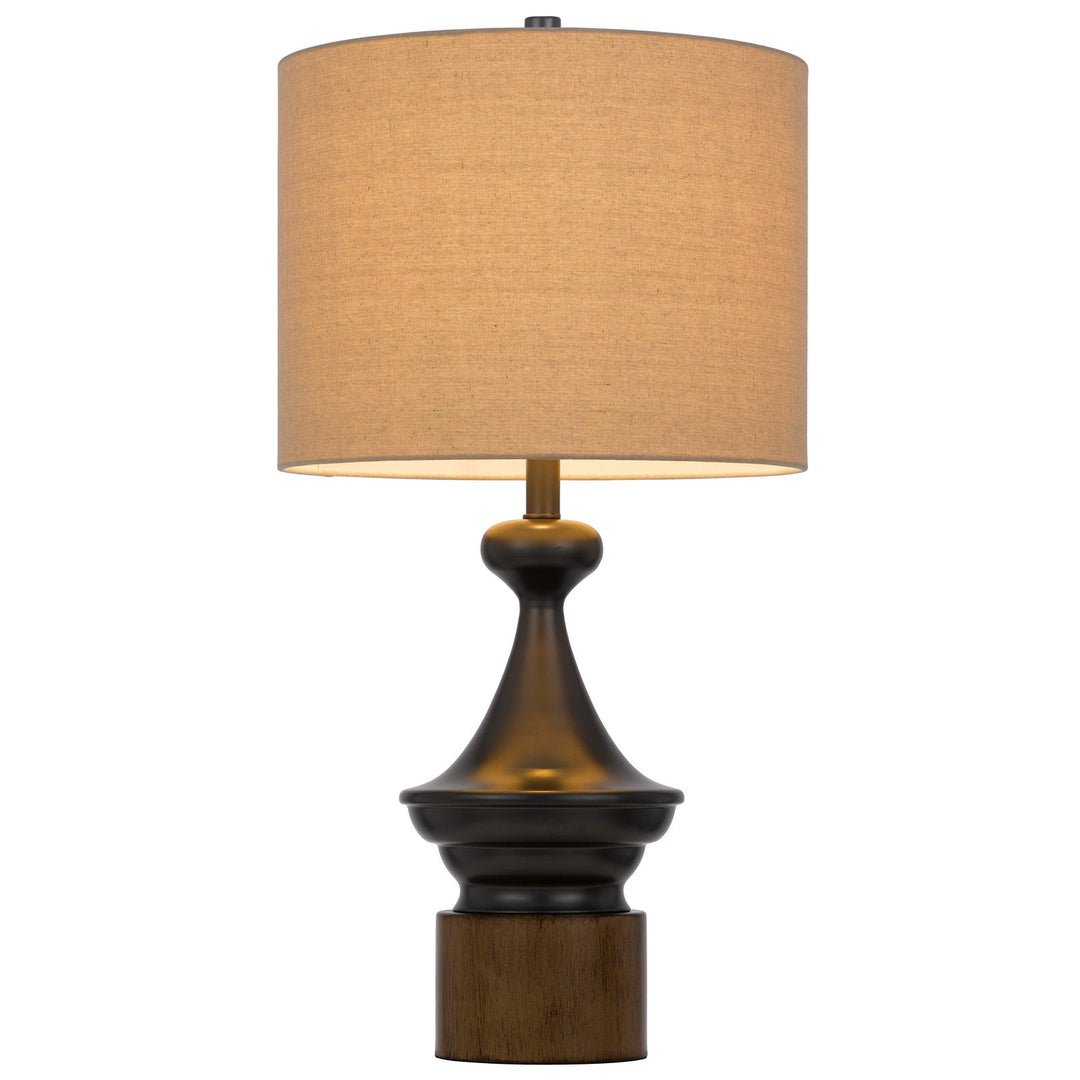 ##Antique Hardware## 150W 3 WAY STERLING METAL/TABLE LAMP WITH FAUX WOOD METAL BASE AND DRUM LINEN SHADE