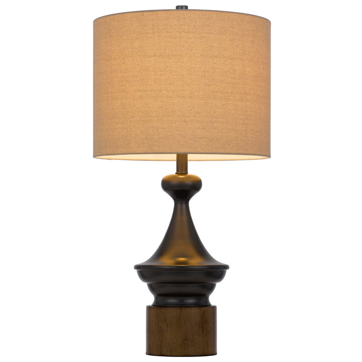 ##Antique Hardware## 150W 3 WAY STERLING METAL/TABLE LAMP WITH FAUX WOOD METAL BASE AND DRUM LINEN SHADE