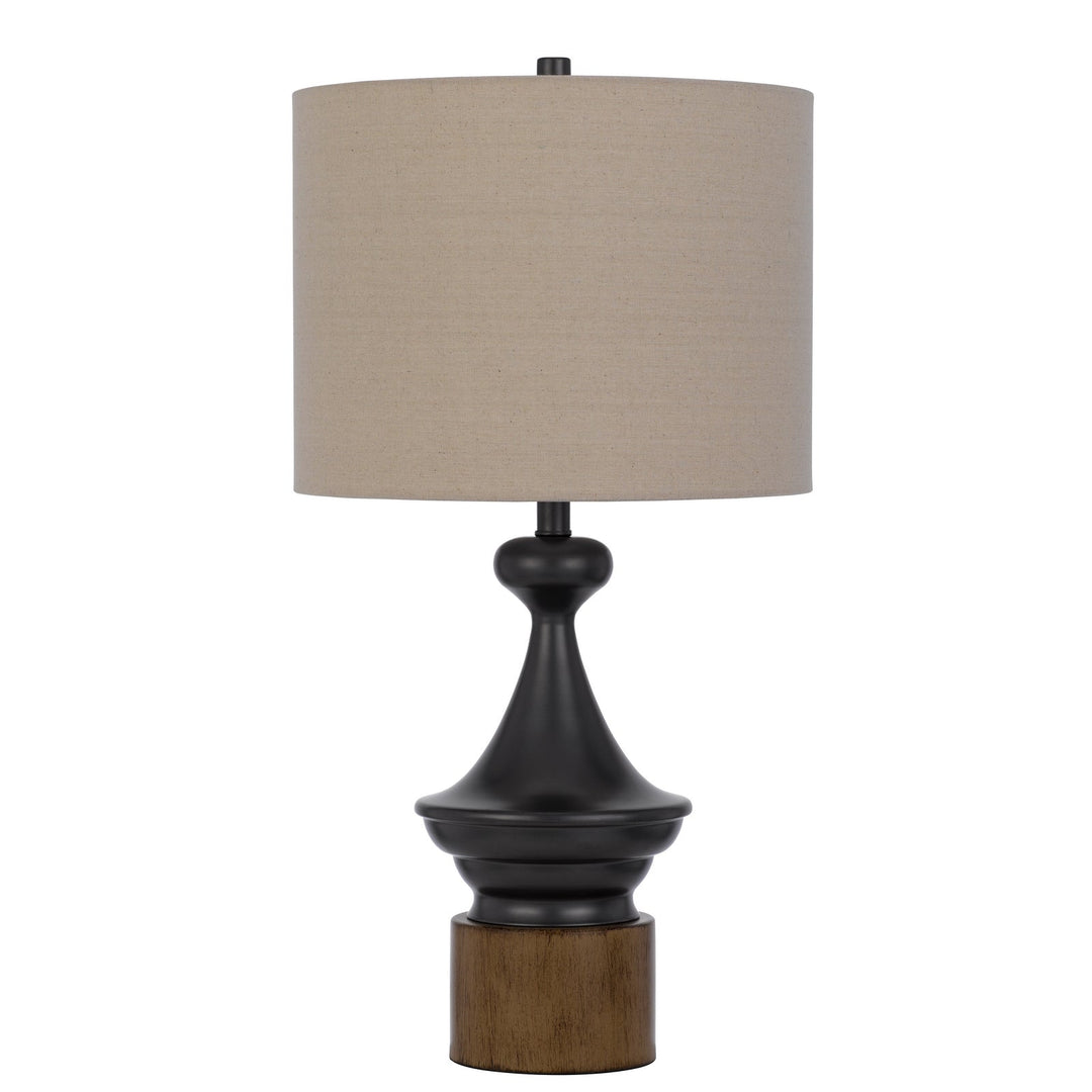 ##Antique Hardware## 150W 3 WAY STERLING METAL/TABLE LAMP WITH FAUX WOOD METAL BASE AND DRUM LINEN SHADE