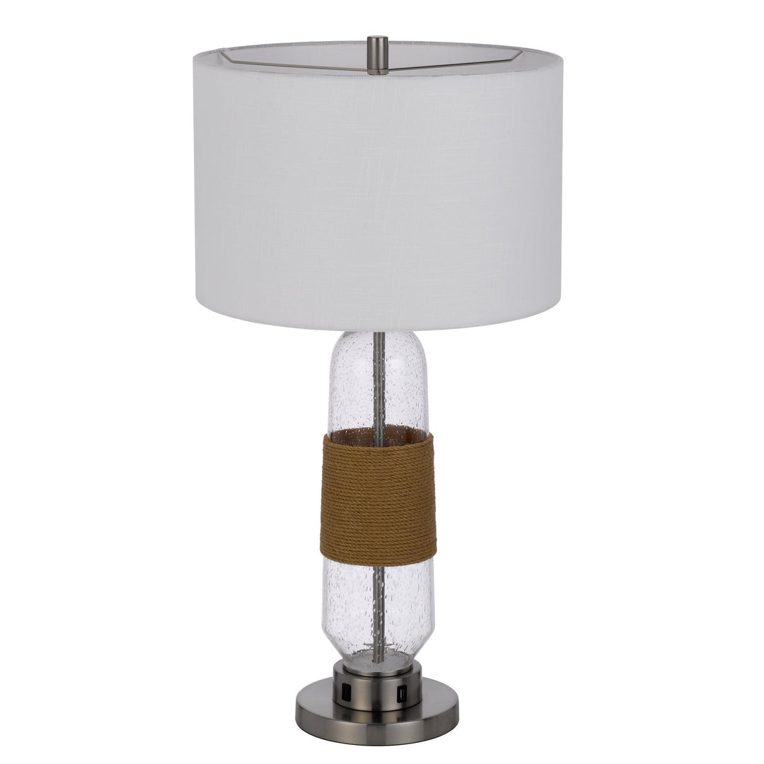 Antique Hardware 150W 3 WAY EVERETT BUBBLED GLASS TABLE LAMP WITH BURLAP DESIGN AND DRUM FABRIC SHADE. EQUIPPED WITH 1 USB AND 1 USB-C CHARGING PORTS Table Lamp
