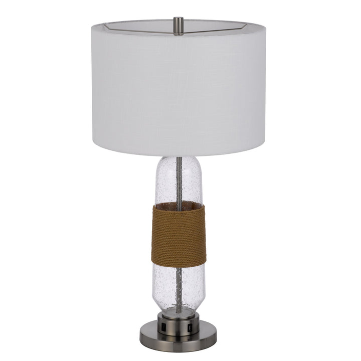 Antique Hardware 150W 3 WAY EVERETT BUBBLED GLASS TABLE LAMP WITH BURLAP DESIGN AND DRUM FABRIC SHADE. EQUIPPED WITH 1 USB AND 1 USB-C CHARGING PORTS Table Lamp