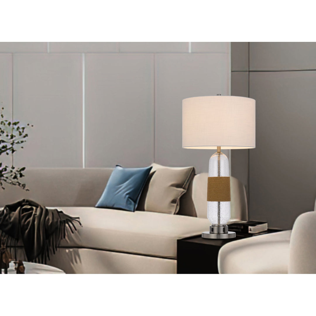 Antique Hardware 150W 3 WAY EVERETT BUBBLED GLASS TABLE LAMP WITH BURLAP DESIGN AND DRUM FABRIC SHADE. EQUIPPED WITH 1 USB AND 1 USB-C CHARGING PORTS Table Lamp