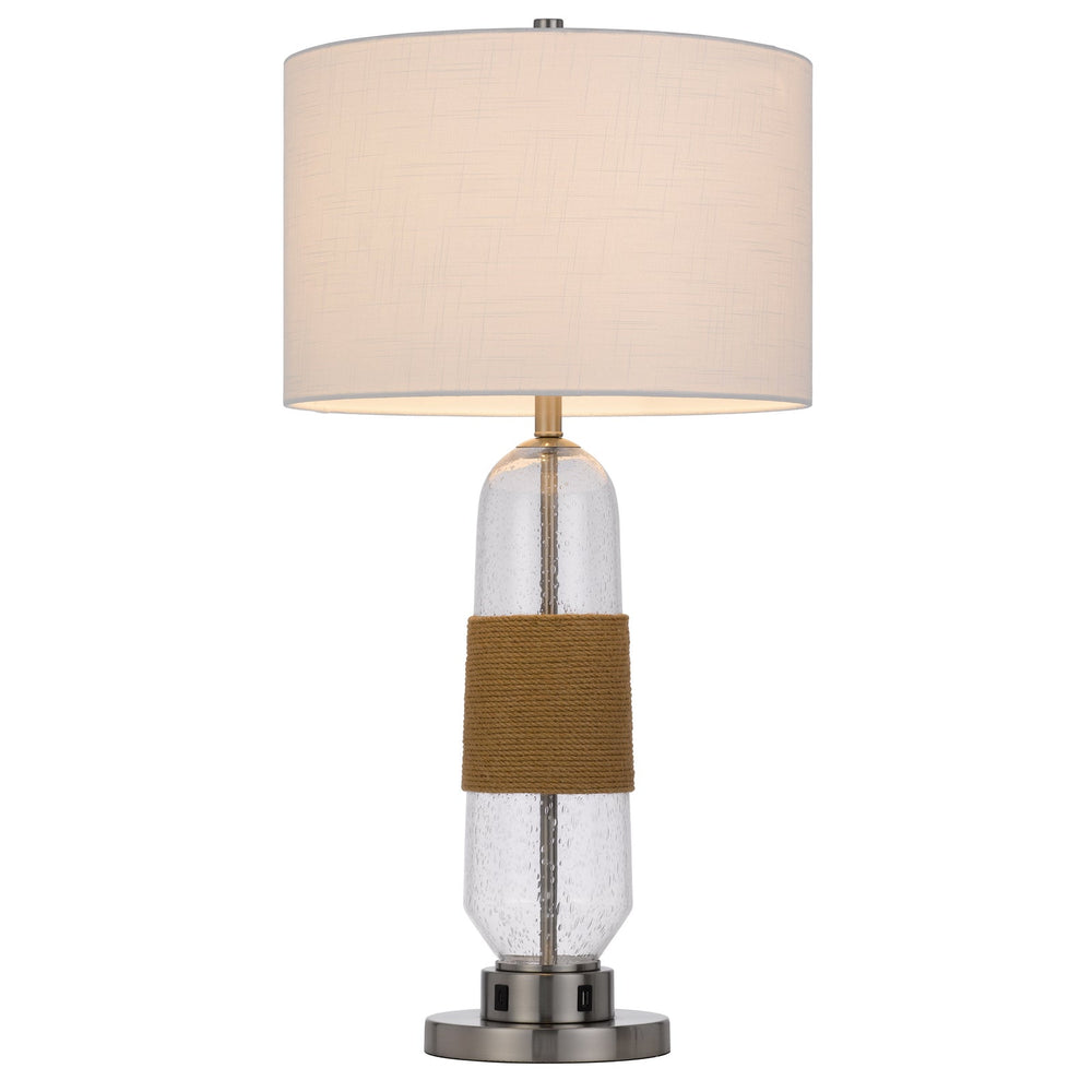 Antique Hardware 150W 3 WAY EVERETT BUBBLED GLASS TABLE LAMP WITH BURLAP DESIGN AND DRUM FABRIC SHADE. EQUIPPED WITH 1 USB AND 1 USB-C CHARGING PORTS Table Lamp