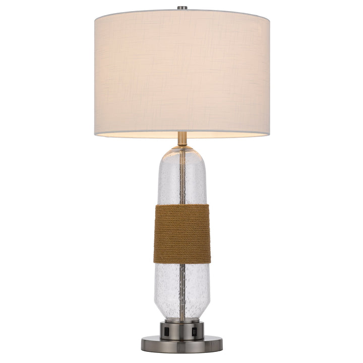 Antique Hardware 150W 3 WAY EVERETT BUBBLED GLASS TABLE LAMP WITH BURLAP DESIGN AND DRUM FABRIC SHADE. EQUIPPED WITH 1 USB AND 1 USB-C CHARGING PORTS Table Lamp