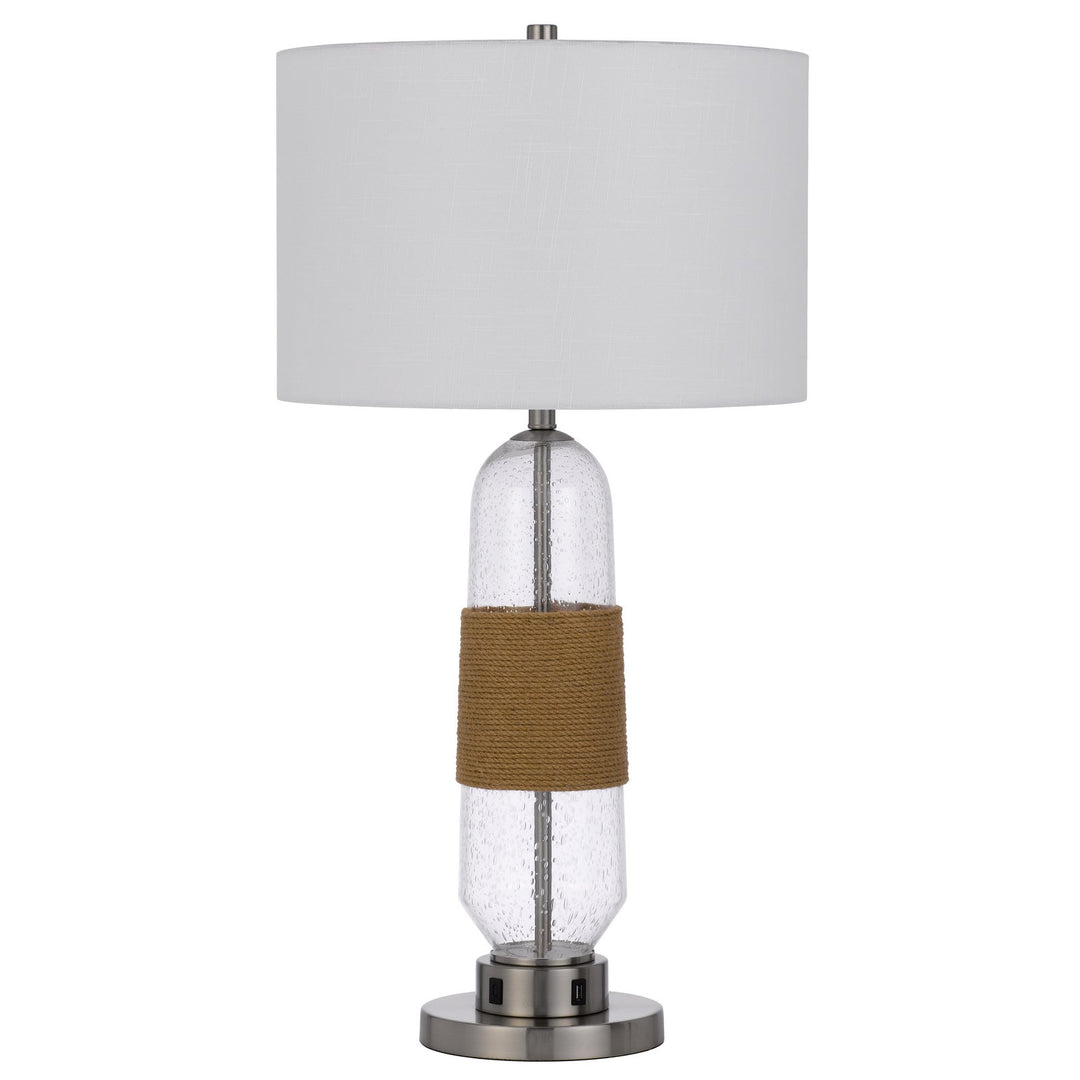 Antique Hardware 150W 3 WAY EVERETT BUBBLED GLASS TABLE LAMP WITH BURLAP DESIGN AND DRUM FABRIC SHADE. EQUIPPED WITH 1 USB AND 1 USB-C CHARGING PORTS Table Lamp